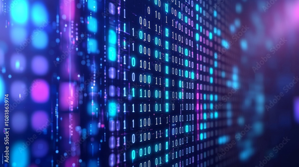 Abstract digital background featuring glowing binary code in vibrant colors, illustrating data and technological advancements. Abstract digital background featuring glowing binary code in vibrant colors, illustrating data and technological advancements.