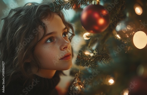 Young girl decorating Christmas tree with ornaments and festive lights, holiday spirit