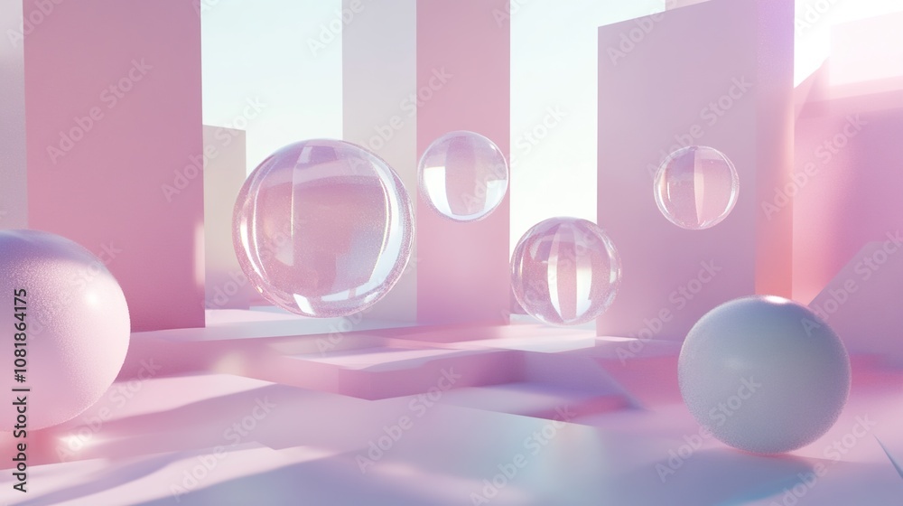3D scene featuring floating geometric objects for an abstract background