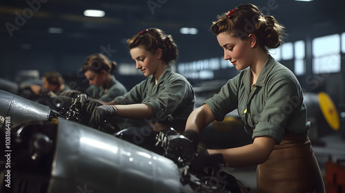 A group of women working in a World War II factory building planes and machinery 1942.
