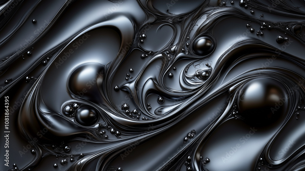 Abstract black fluid texture with spherical shapes and intricate lines Abstract black fluid texture with spherical shapes and intricate lines