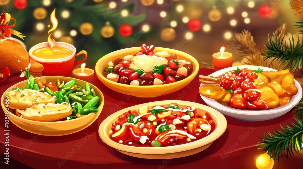 Festive table filled with various delicious dishes. Festive table filled with various delicious dishes.