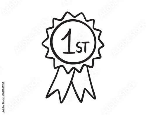 First place, winner reward, rosette hand drawn doodle icon. Medal number 1 icon Simple vector sign.