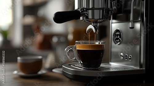 A close-up of freshly brewed espresso pouring into a glass cup, showcasing rich colors and textures in a modern kitchen setting.