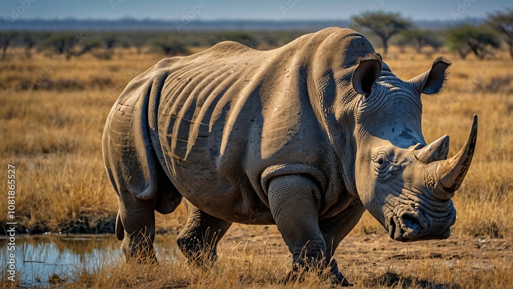 Fototapeta premium one rhinoceros on the grassland on a sunny day