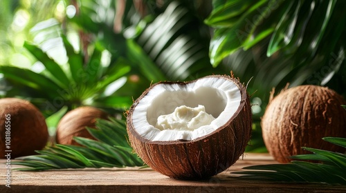 A blurred background with a whole and half coconut isolated on it