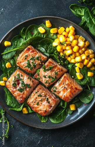 Grilled Tuna Steaks with Corn and Spinach on Plate