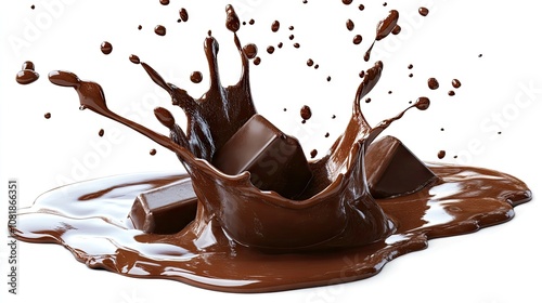 Delicious dark chocolate splashing in rich molten chocolate, creating an enticing visual of indulgence.