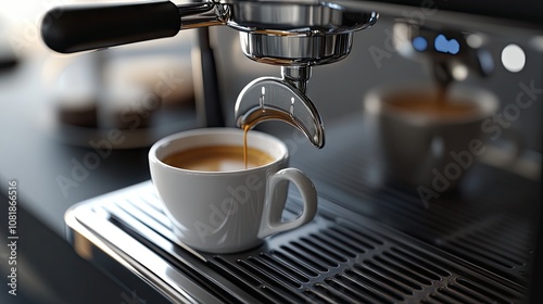 A close-up of a coffee machine pouring espresso into a sleek white cup, capturing the rich crema and inviting aroma.