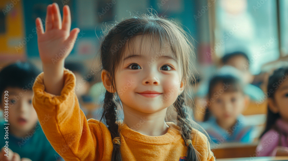 Asian girl raising hand attentively in classroom with classmates during morning lesson