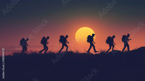 Two climbers, a woman and a man, stand with backpacks. Behind them is a tall mountain in incredible colors, orange, pink, early morning light. You can see their faces in the light. They are millennia