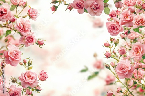 Rose garden with delicate blossoming pink rose flowers. Copy space.