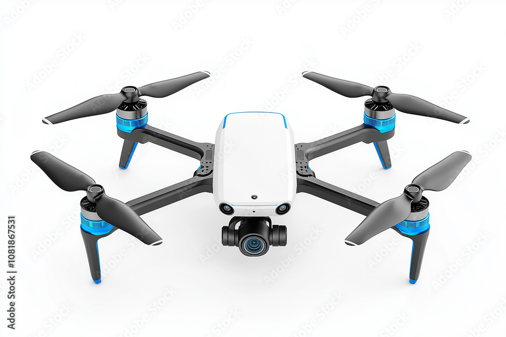 futuristic drone camera, surveillance element, sleek design, metallic silver and blue, isolated on white background futuristic drone camera, surveillance element, sleek design, metallic silver and blue, isolated on white background