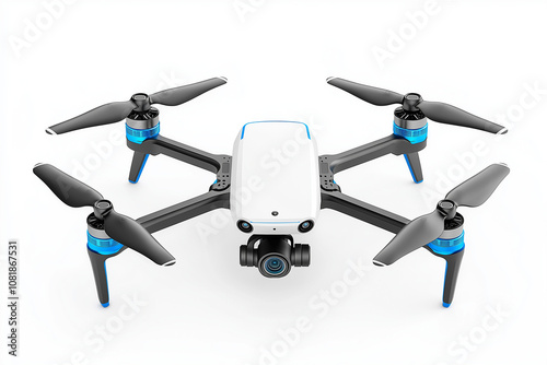 futuristic drone camera, surveillance element, sleek design, metallic silver and blue, isolated on white background