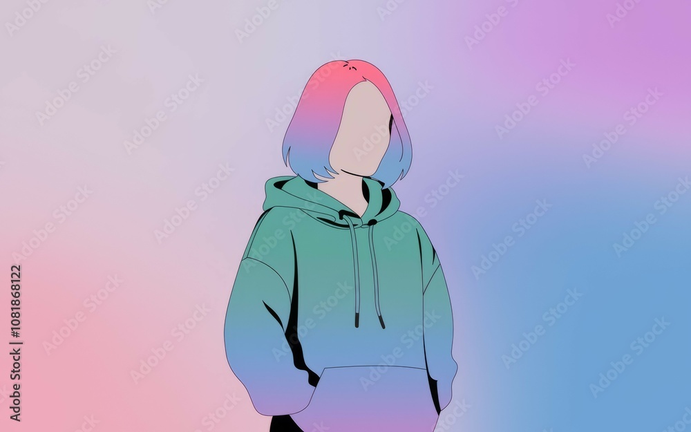 Girl in pastel hoodie. Trendy girl, pastel colors, stylish hoodie, calm mood, peaceful vibe, modern art. Girl in pastel hoodie. Trendy girl, pastel colors, stylish hoodie, calm mood, peaceful vibe, modern art.