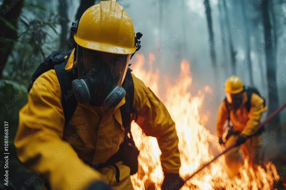 Fototapeta premium Wildfire Crisis Control Team Battling High Flames to Protect Homes and Wildlife