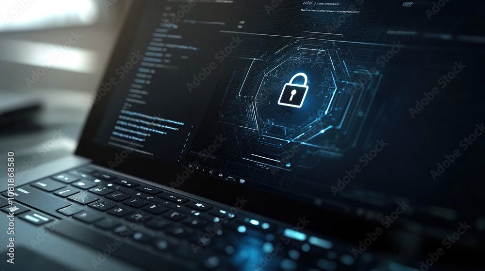 Close-up of a notebook computer screen with digital padlock for cyber security, personal data protection, internet security and encryption Close-up of a notebook computer screen with digital padlock for cyber security, personal data protection, internet security and encryption