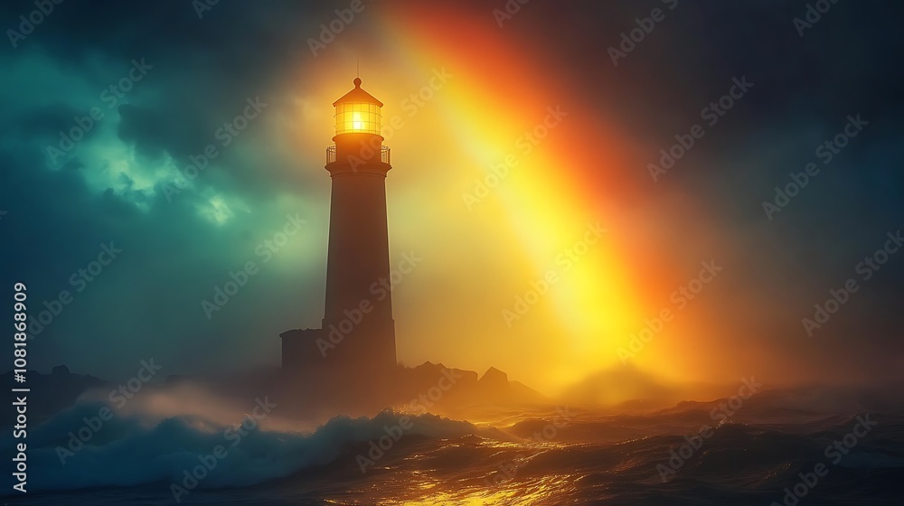 A lighthouse silhouetted against a stormy sky, a bright rainbow emerging behind, rough seas below, moody and atmospheric scene, sunlight breaking through the clouds, photorealistic style,