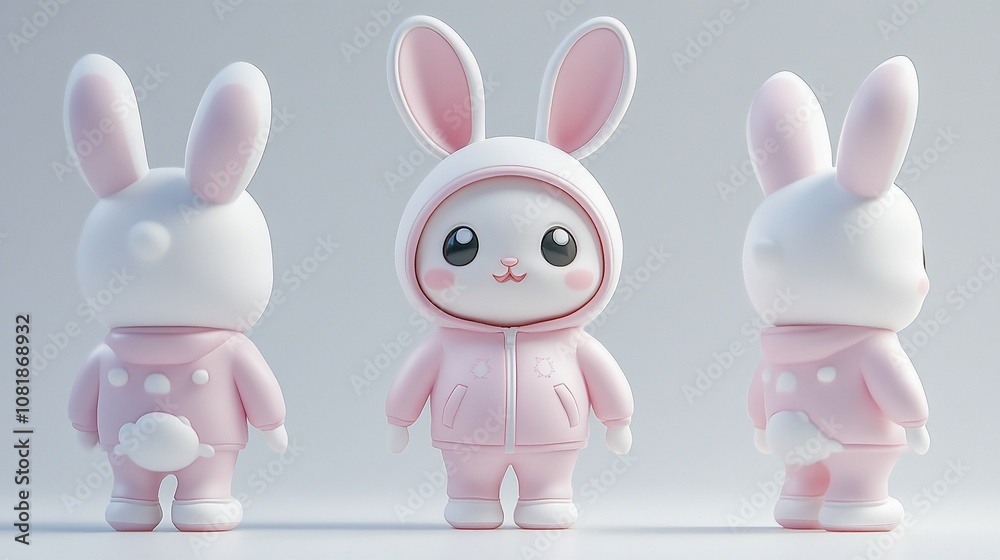Cute pink bunny rabbit in a pink hooded jumpsuit, viewed from the front, side and back, on a white background. Cute pink bunny rabbit in a pink hooded jumpsuit, viewed from the front, side and back, on a white background.