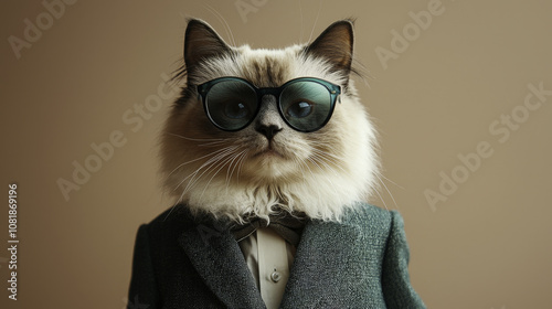 Cat wearing sunglasses : stylish ragdoll cat wearing glasses and suit, exuding charm