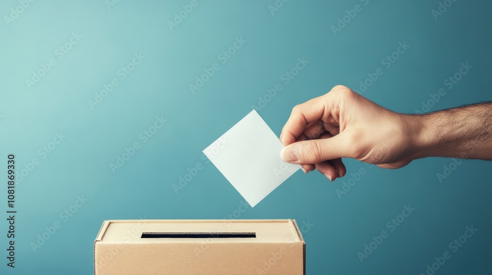 Democratic voting concept, featuring a stylized hand placing a paper ballot into a slot of a ballot box, set against a clean, minimalistic background. Democratic voting concept, featuring a stylized hand placing a paper ballot into a slot of a ballot box, set against a clean, minimalistic background.