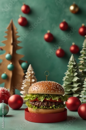 Hamburger with lettuce and tomato on a bun is on a red tray