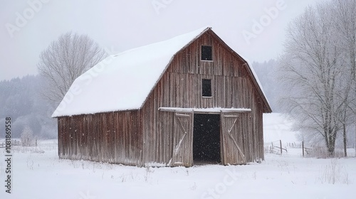 Old wooden barn with snow-covered roof in winter countryside