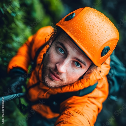 Adventurous climber scaling a wet rock face in vibrant gear photo