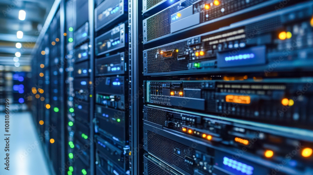 Data servers in a modern data center with glowing led lights at night Data servers in a modern data center with glowing led lights at night