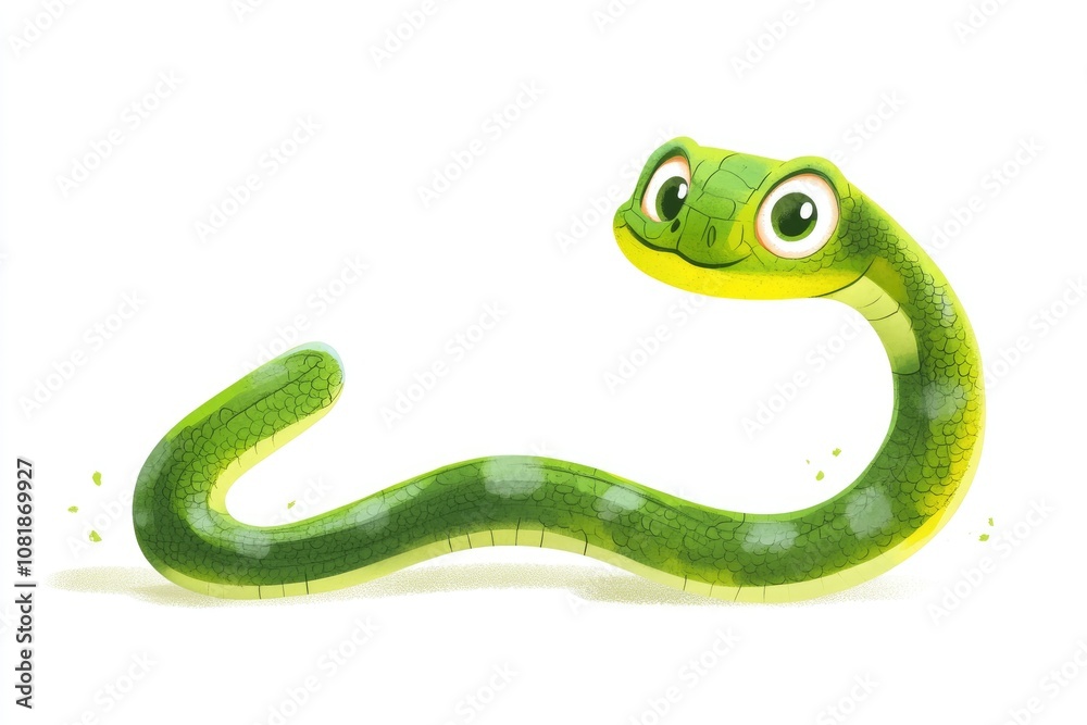 An adorable illustrated green snake design isolated on white background, ideal for childrens content and various playful, imaginative designs An adorable illustrated green snake design isolated on white background, ideal for childrens content and various playful, imaginative designs