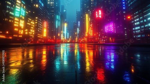 Wallpaper Mural A neon-lit futuristic city, rainbow colors illuminating towering skyscrapers, wet pavement reflecting the vibrant hues, electric and energetic vibe, foggy air enhancing the glow, Torontodigital.ca