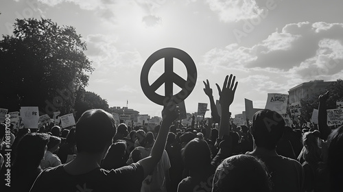 A peaceful anti-Vietnam War protest in Washington D.C. 1969 with people holding peace signs.