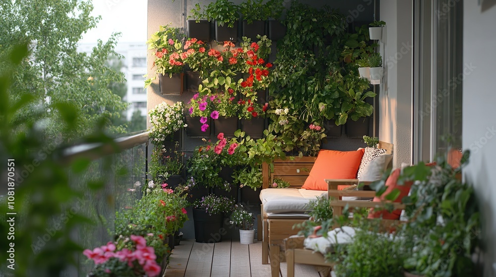 Naklejka premium Comfortable apartment balcony is decorated with green plants creating a cool and calming atmosphere.