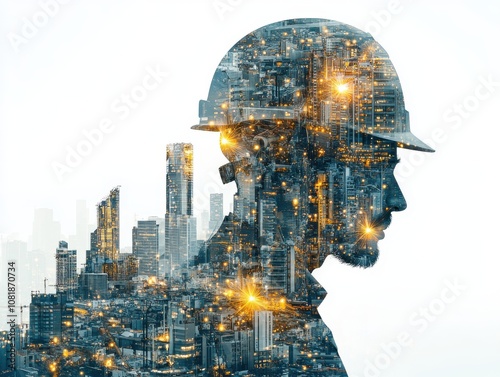 engineer, close up, focus on, copy space, vivid colors, double exposure silhouette with gears and blueprints