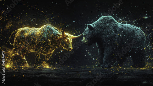 Bull and Bear Martket : powerful bull and bear face off in radiant, dynamic scene photo