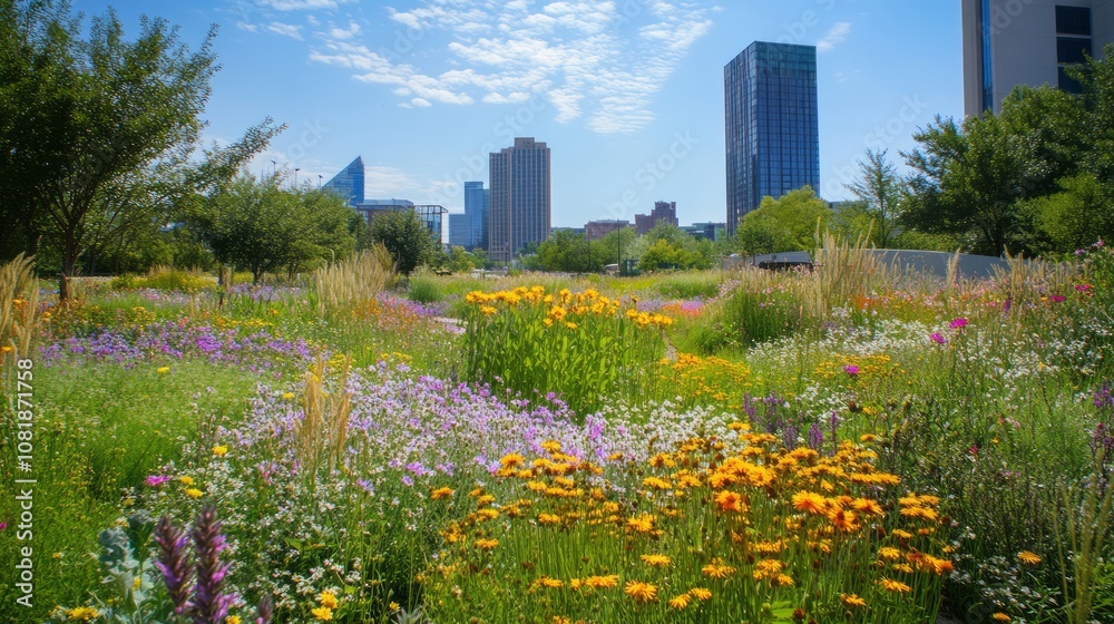 A lush urban green space flourishes with vibrant wildflowers, showcasing biodiversity amidst the concrete jungle of a bustling city center. A lush urban green space flourishes with vibrant wildflowers, showcasing biodiversity amidst the concrete jungle of a bustling city center.