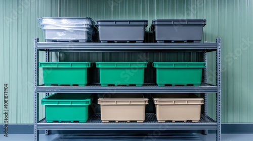 Industrial storage area with organized plastic bins on metal shelving units indoors