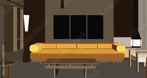 Living room interior. Comfortable sofa, bookcase, chair and house plants. Vector flat style cartoon illustration.
