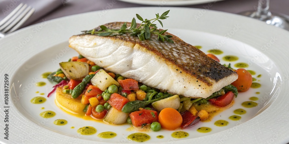 Elegant Presentation of Fillet of White Sea Bass with Stewed Vegetables on a Plate, Captured from Above in a Long Exposure Style for Culinary Art Photography Elegant Presentation of Fillet of White Sea Bass with Stewed Vegetables on a Plate, Captured from Above in a Long Exposure Style for Culinary Art Photography
