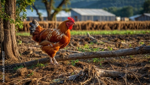 a chicken looking for food in the forest