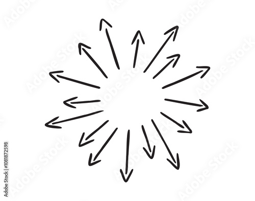 Arrows circle, round arrow hand drawn doodle. Splash, from the inside out, white background