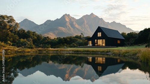A black house by a mirror-like lake with mountains rising in the background