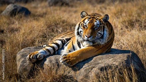 one tiger was lying on a rock