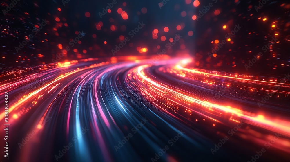 A colorful, glowing trail of light is shown in the sky A colorful, glowing trail of light is shown in the sky
