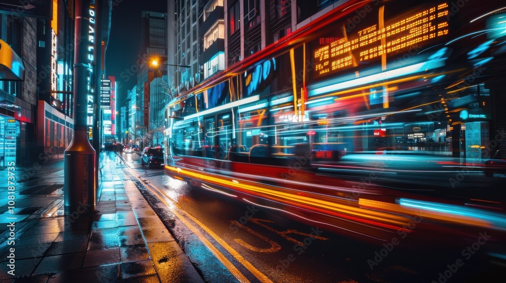 A red double-decker bus speeds through a city street at night with neon lights. A red double-decker bus speeds through a city street at night with neon lights.