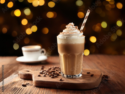 Delicioso Café Frío con Crema y Canela sobre Tabla de Madera,