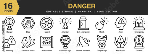 Danger icon set. Editable Stroke Icon Collection. Includes alert, attention, bomb, caution, danger sign, and More. Outline icons vector collection.