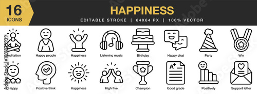 Happiness icon set. Editable Stroke Icon Collection. Includes birthday, champion, good grade, happiness, chat, and More. Outline icons vector collection.