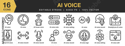 AI Voice icon set. Editable Stroke Icon Collection. Includes Voice, Ai, Recognition, Artificial, Intelligence, Robot, and More. Outline icons vector collection.