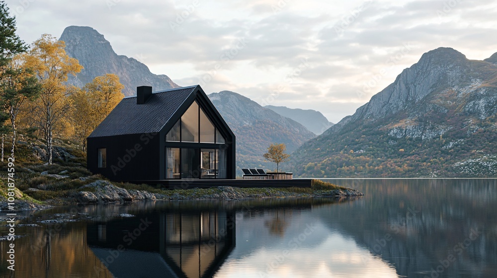 A realistic black house by a peaceful lake, mountains in the distance, reflecting in the water, moody natural light, scenic atmosphere A realistic black house by a peaceful lake, mountains in the distance, reflecting in the water, moody natural light, scenic atmosphere